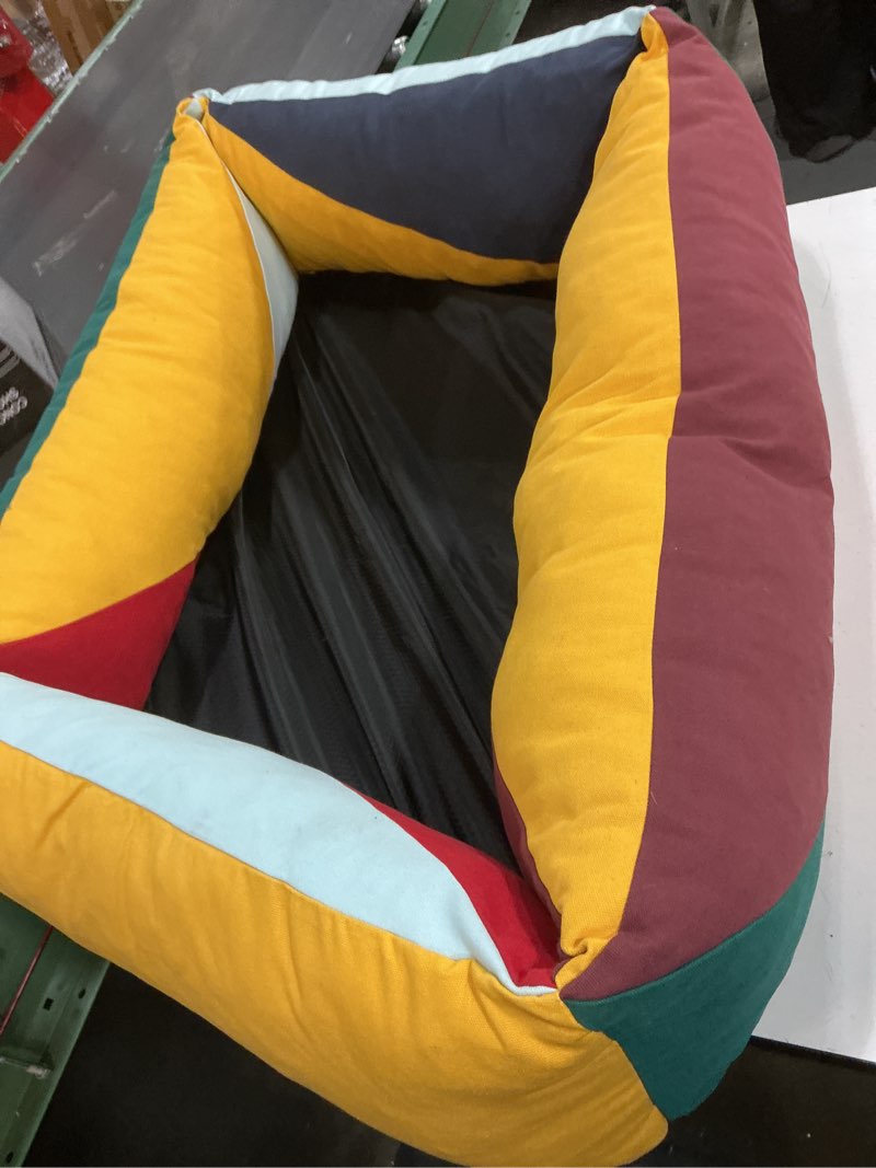 Condition photo showing As Is for cotton canvas dog bed, dog beds large sized dog, orthopedic bed with washable removable cover, durable 290 gsm cotton anti-chewing pet bed with anti-slip bottom (38"x30"x12", red&yellow&green) red+green+yellow large