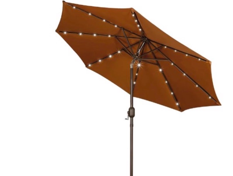 kingdura 9ft outdoor patio umbrella with solar lights, market table umbrella with push button tilt & crank, 8 sturdy ribs, 32 led lights, uv protection for garden lawn deck backyard pool (navy 