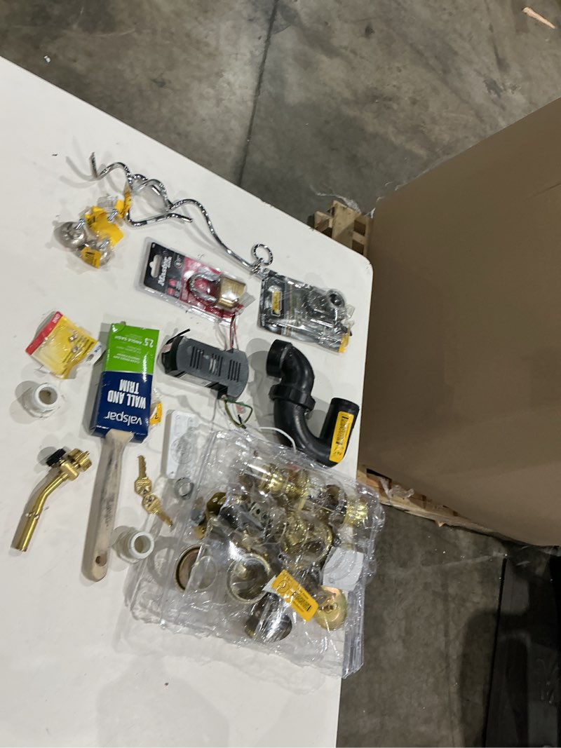 Condition photo showing As Is for assorted home improvement lot (small tools, screw, home accessories, etc.)