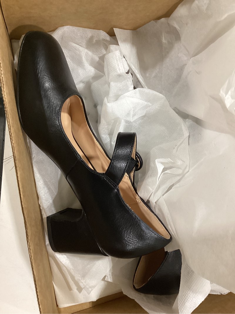 Condition photo showing Good Condition for idifu in3 mary jane pumps closed toe low short chunky block dress shoes for women wedding bridal flight attendant heels formal cute round toe vintage small thick pumps heels with round buckle 6 black pu