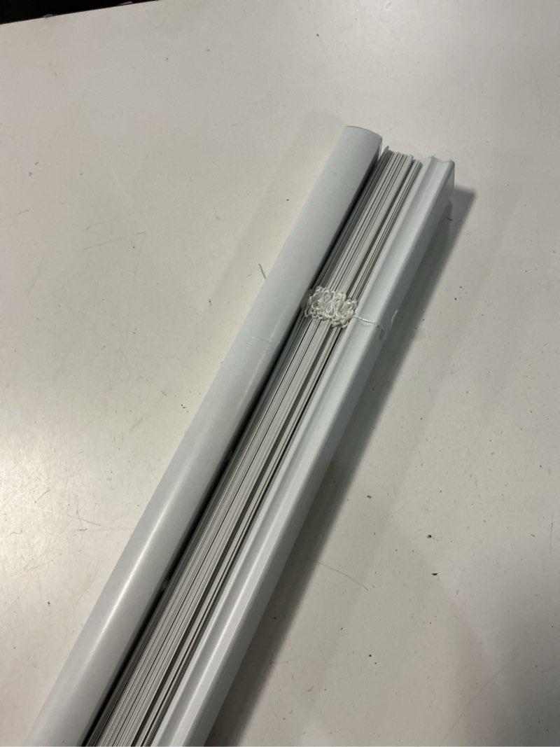 Condition photo showing As Is for project source room darkening 1-in slat width 35-in x 72-in cordless white vinyl room darkening mini-blinds