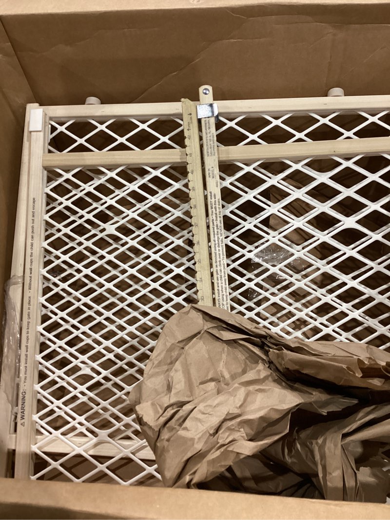 Condition photo showing As Is for toddleroo by north states - diamond mesh wooden baby gate: pressure mounted baby gate for doorways - adjustable 26.5 to 42 inches wide - 23 inches tall