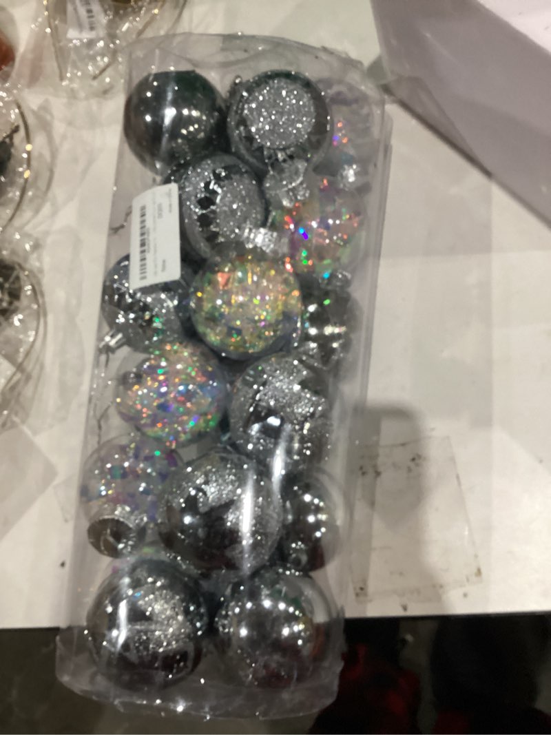 Condition photo showing New/Like New for 24 Pcs Christmas Balls, 2.6in Christmas Decorations Balls Plastic Ornament Ball with Shining String Hanging for Christmas Tree Decoration Grey
