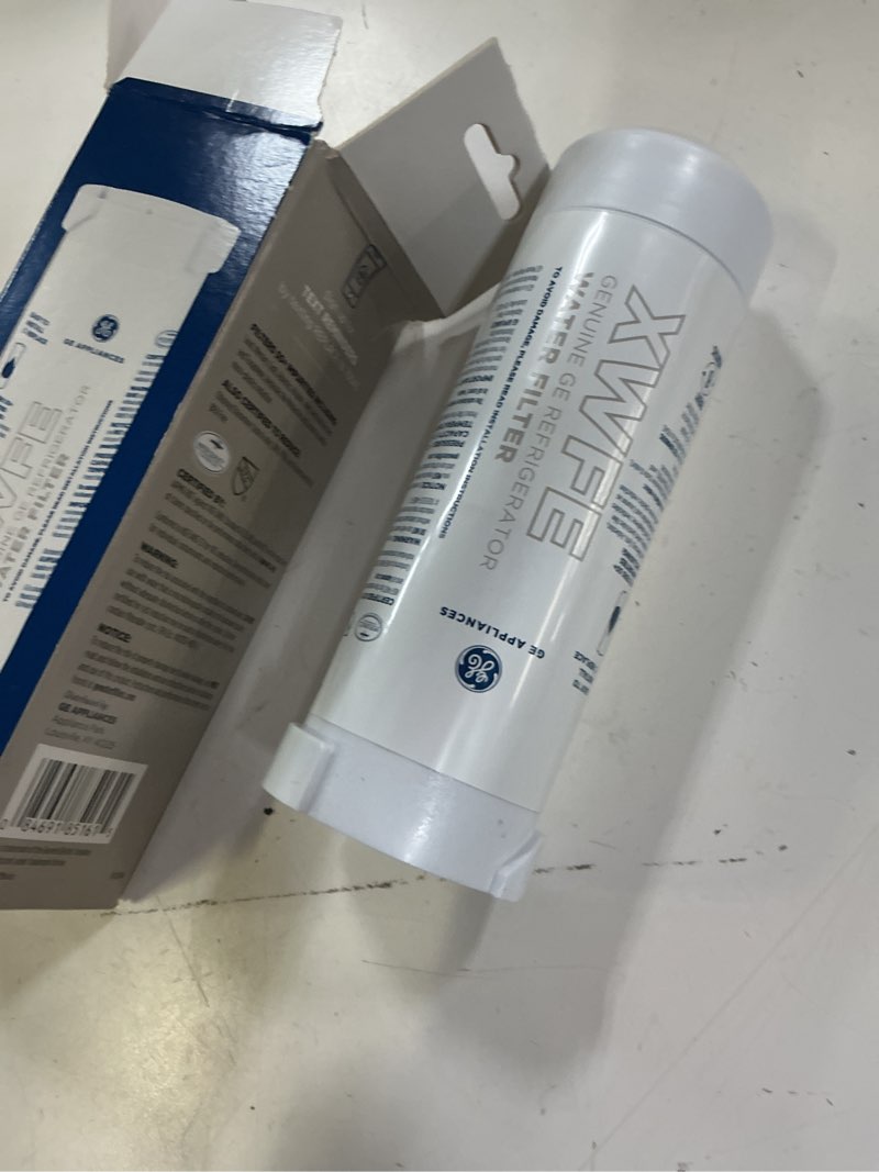 Condition photo showing As Is for ge xwfe refrigerator water filter, genuine replacement filter, certified to reduce lead, sulfur, and 50+ other impurities, replace every 6 months for best results, pack of 1