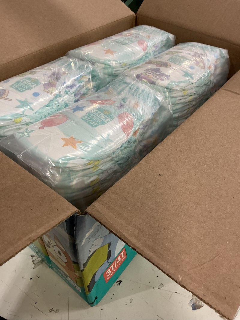 Condition photo showing New/Like New for (size: 3t-4t )pampers training pants - easy ups boys & girls bluey -, 116 count, children's potty underwear (packaging may vary) 3t-4t 116