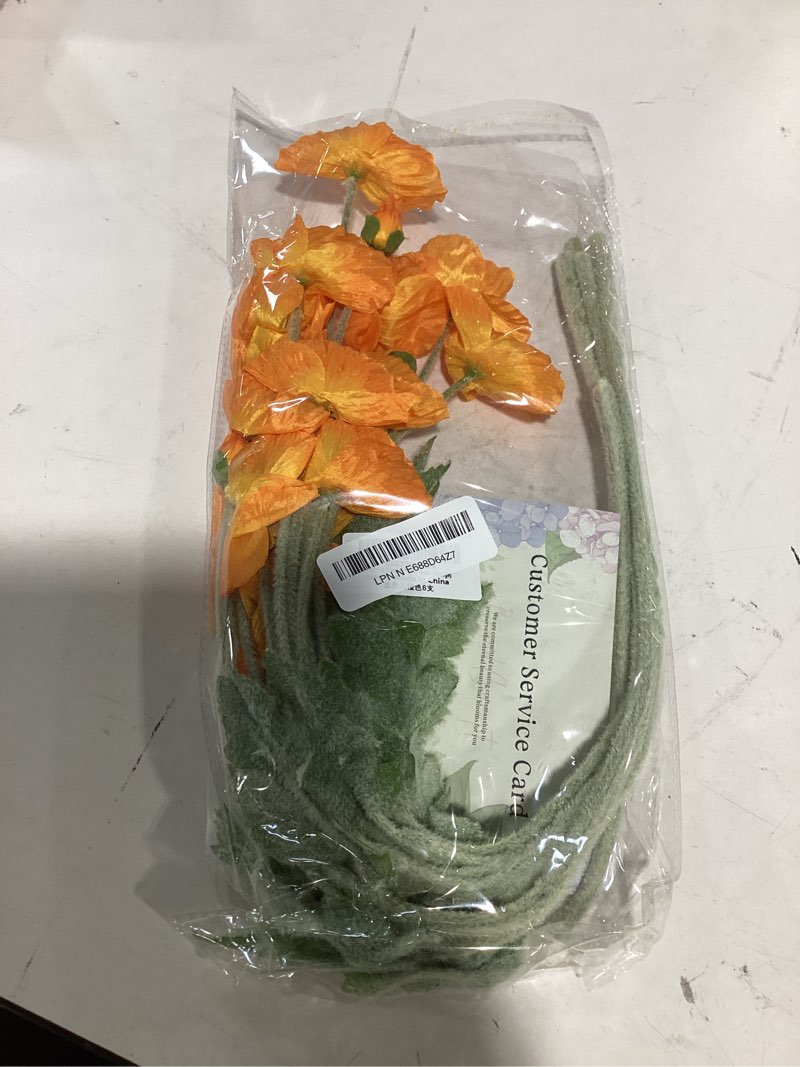 Condition photo showing As Is for duyone artificial flowers 6 stems poppy silk bouquet,for wedding, home, party decoration,table centerpiece arrangement(orange) orange 6pcs