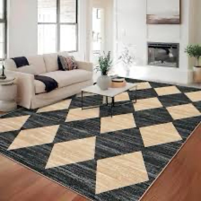 (Unknown Size) GlowSol Area Rug Washable Checkered Rug, Modern Neutral Living Room Rugs, Large Plaid Carpet Faux Wool Washable Carpet for Under Dining Table Bedroom Farmhouse Nursery Home Office,Beige/Black
