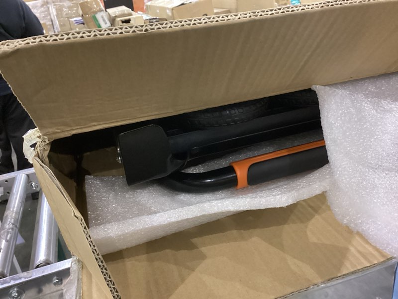 Condition photo showing As Is for Folding Hand Truck?500lbs Capacity Heavy Duty Carrying Hand Cart?Ironton Steel Hand Truck with 4 Rotate Wheels?for Luggage, Moving, Shopping, Office,Travel Use(Orange)