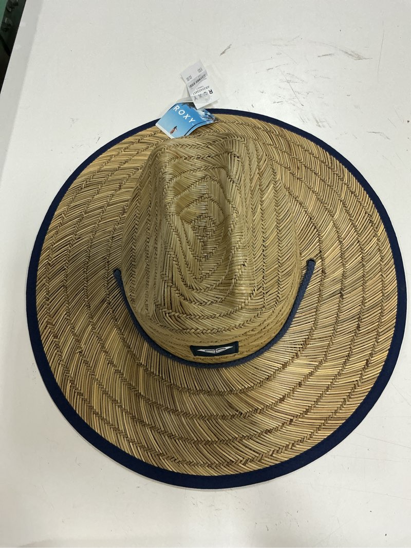 Condition photo showing New/Like New for roxy women's tomboy woven straw hat | wide brim | adjustable | sun protection | beach | vacation | natural medium-large mood indigo