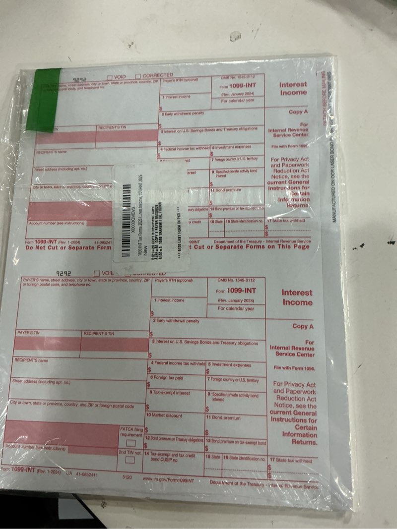 Condition photo showing Good Condition for 1099 INT Tax Forms 2025 Interest Income Set, 4 Part 25 Pack, Great for QuickBooks and Accounting Software 25 Laser Form Sets for Interest Income, 1099-INT 2025