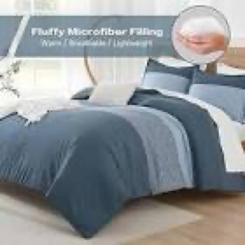 litanika fluffy fleece queen comforter set, luxury soft plush fuzzy haze blue stripe bedding comfort