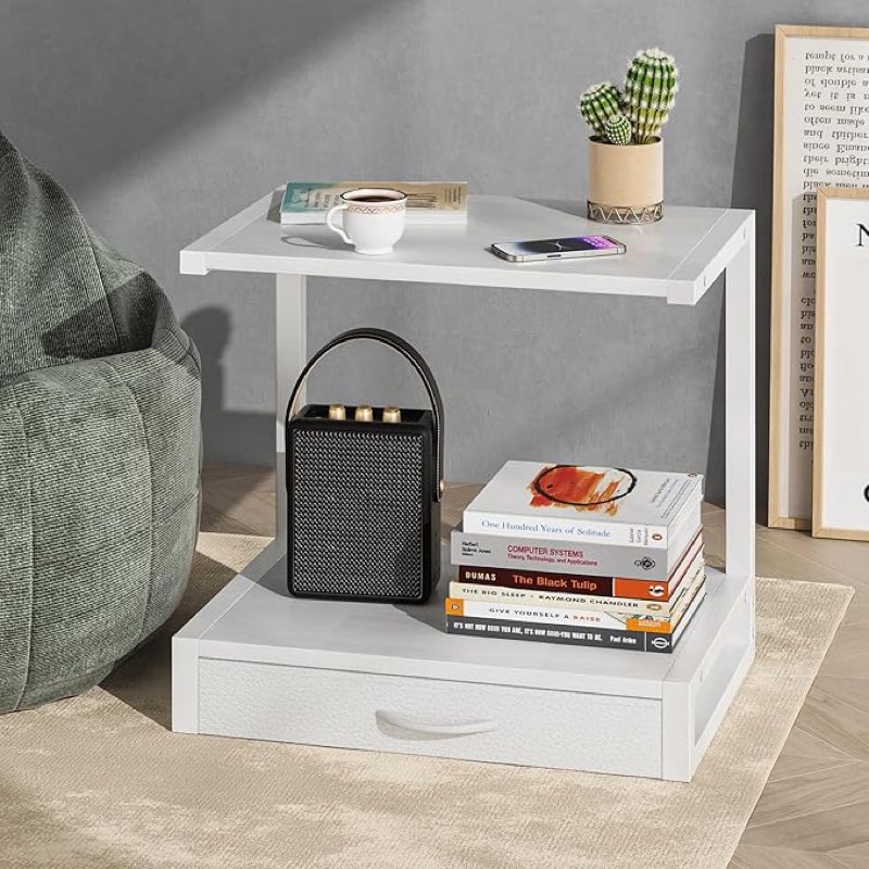 Songmics OMC101 2-Tier Desktop Printer Stand with Fabric Drawer, Prtiner Table with Storage Shelf, Desk Organizer for Home Office,3D Printer,Fax Machine,Scanner, 17.3"x11.8" White