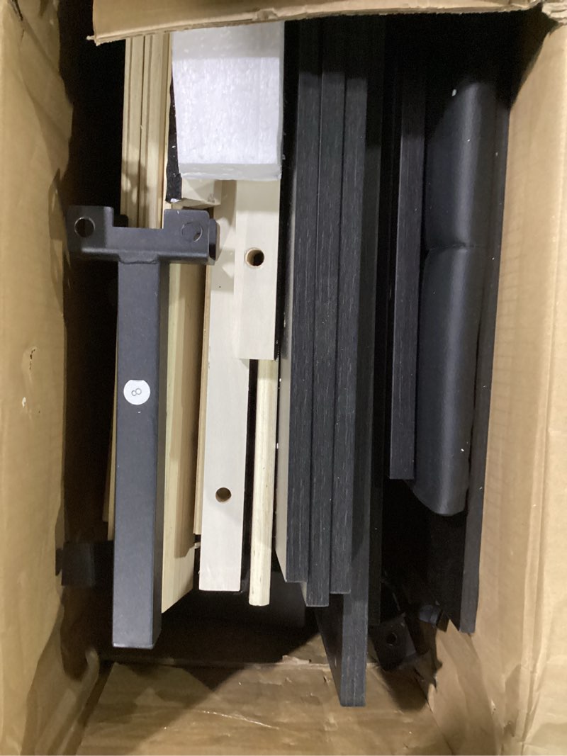 Condition photo showing As Is for rolanstar bed frame twin size with charging station, bookcase headboard bed with led light and sliding doors, platform bed with wooden slats, no box spring needed, noise free, black black twin