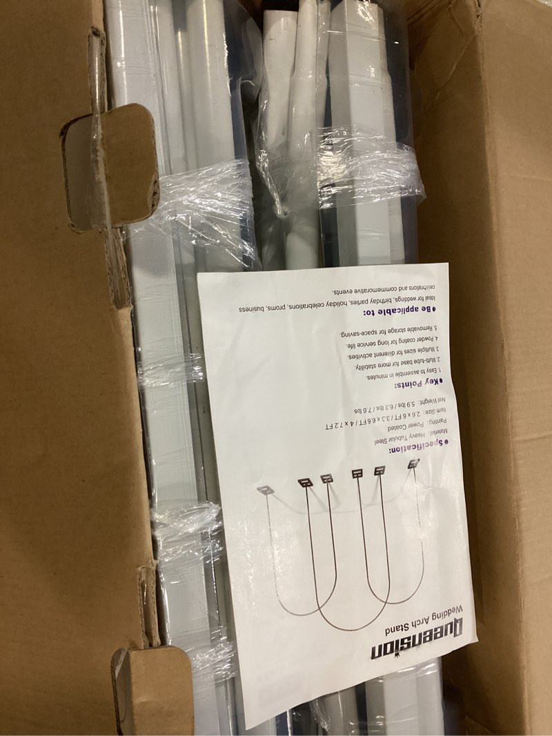 Condition photo showing As Is for Queension Arch Backdrop Stand Set of 7.2FT & 6.6FT, Metal Wedding Arch Stand with Base for Ceremony, Balloon Arched Backdrop Frame for Birthday Party Baby Shower Celebration Decorations, White 6.6FT/7.2FT White