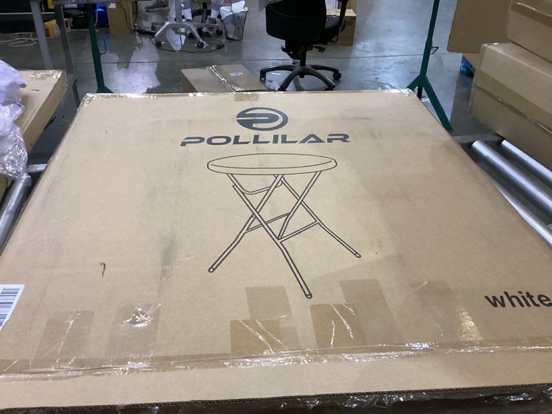 Condition photo showing As Is for Cocktail Table 28in Portable Folding Bar Height Table, Compact Round High Top Plastic & Steel Bistro with Removable Legs, for Indoor Outdoor RV Patio Catering Parties Commercial Events-1pc White