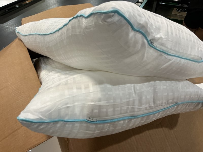 Condition photo showing As Is for bed pillows queen size set of 2, soft fluffy and supportive hotel collection pillows 2 pack for side and back sleeper, filled with down alternative microfiber