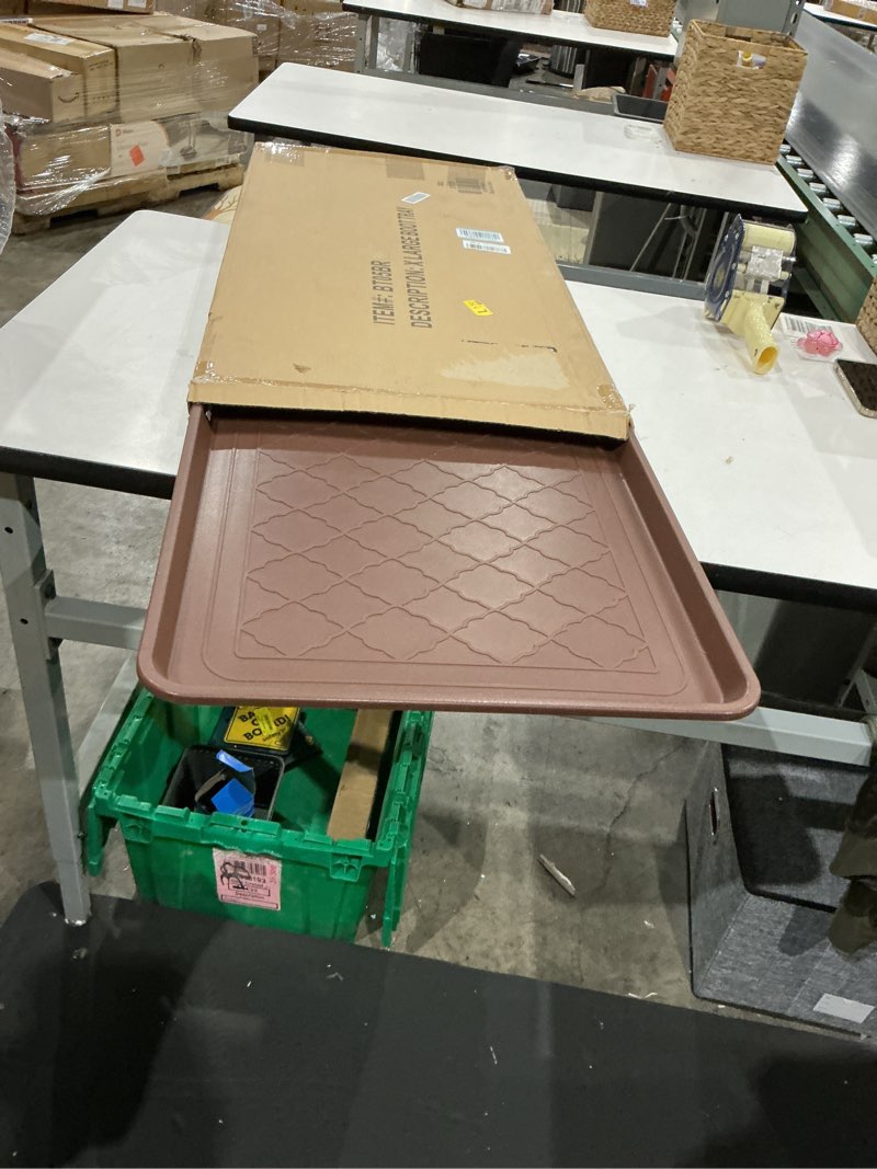 Condition photo showing New/Like New for all weather boot tray, extra large size water resistant plastic, multi-purpose for shoes, pet feeding trays, mudroom entryway, garage, indoor or outdoor – extra large, 40”x20”(brown)