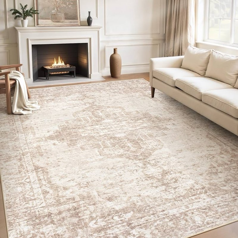 fmfunctex 9x12 washable area rug beige vintage neutral distressed large non slip carpet for living r