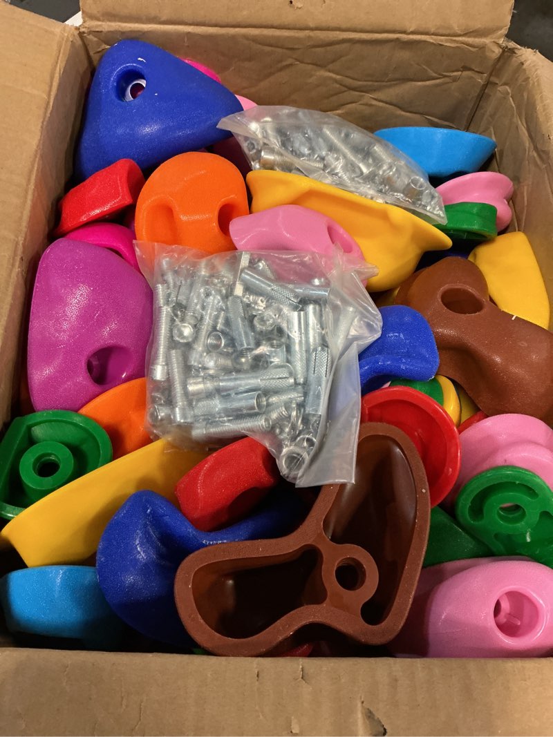 Condition photo showing Good Condition for liliful 64 pcs rock climbing hold set kids rock wall climbing kit adult mix colored grip with mounting hardware wrenches for outdoor indoor playground backyard back to school gift