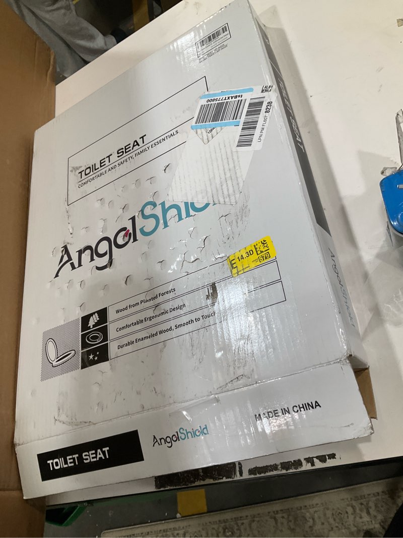 Condition photo showing As Is for Angel Shield Durable Wood Veneer Natural Toilet Seat Metal Hinged Easy Clean Anti-scratch American Standard(Round,Dark Walnut) Round-16.5” Black Wood