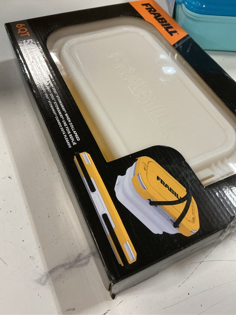 Condition photo showing New/Like New for frabill collapsible live bait bucket, 6 qt capacity, collapses to same size as plano 3700 stowaway, comfortable handles