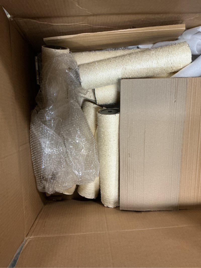 Condition photo showing As Is for floor to ceiling cat tree, acrylic top support platetall cat tower natural sisal rope scratching post, adjustable height 55-103 inches, multi-platform activity center