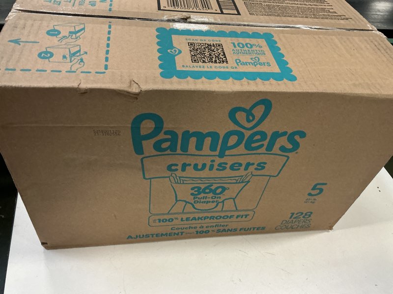 Condition photo showing New/Like New for Pampers Diapers - Cruisers 360 - Size 5, 128 Count, Babyproof up to 100% Leakproof Pull-On Diaper Size 5 128