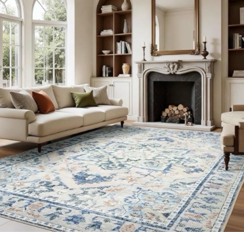 joydeco 5x7 area rugs for living room, machine washable vintage area rugs, low pile non slip carpet, lightweight chenille print rug for bedroom, dining room, home office, blue grey