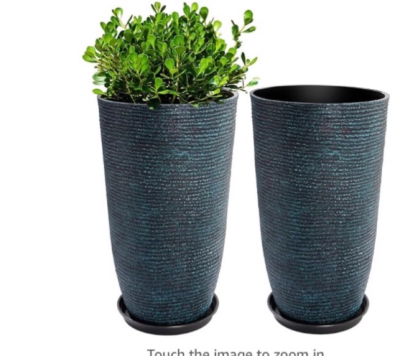 QCQHDU Set of 2 Large Tall Blue Planters with Saucer - 9 Gallon 12" Diameter x 21" H Faux Stone Round Pots for Indoor Plants, Outdoor Patio & Porch Decor, Heavy Duty Weatherproof Plant Containers