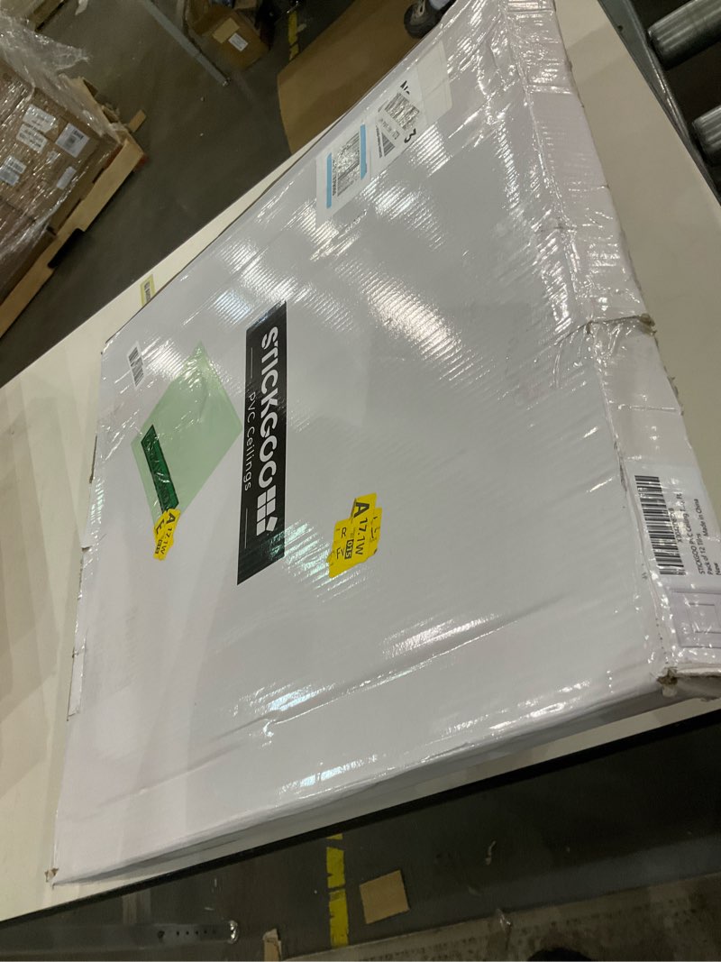 Condition photo showing As Is for STICKGOO PVC Ceiling Tiles, 2'x2' Glue Up Ceiling Panel White to Prevent Breakage Cover 48 Sq. Ft, Pack of 12 Tiles 24"x24" White