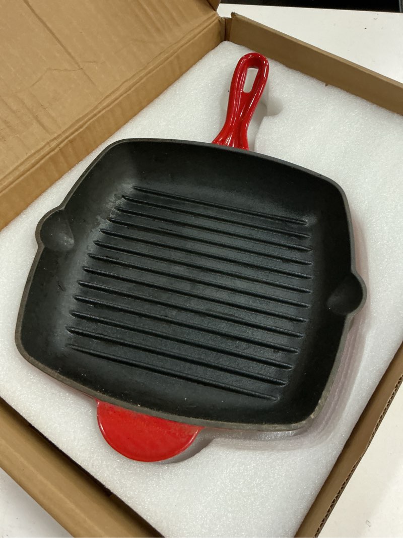 Condition photo showing As Is for nutrichef 11" enameled cast iron steak grill pan - square skillet with drip spout, for all cooktops, perfect grill marks - nccies47