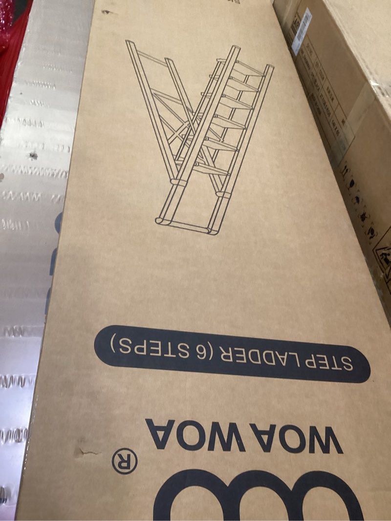 Condition photo showing As Is for WOA WOA 6 Step Ladder for 12 Feet High Ceiling, Lightweight Foldable Ladder with Non-Slip Wide Pedals, Stepladder with Safe Handrail, Space Saving for Home, Kitchen, Indoor & Outdoor 300lbs - Black 6 step Black