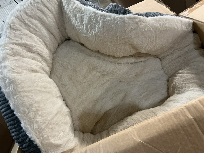 Condition photo showing As Is for 36 inches donut dog bed for large dogs - calming round pet bed with removable&washable cover, plush faux fur & corduroy, fits pets up to 80 lbs(dark grey, large) 36.0"l x 36.0"w x 8.0"th dark grey