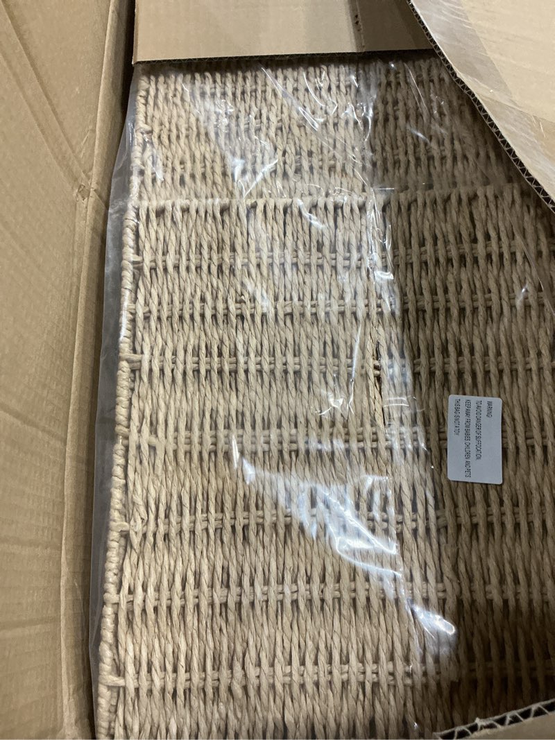 Condition photo showing New/Like New for 4pc foldable 13 x 13 storage baskets, handwoven paper rope with reinforced structure, removable liner, no sharp edges, odor-free, for nursery, living room, closet, bedroom, shelves