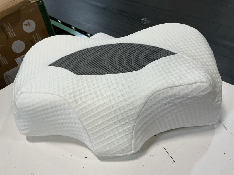 Condition photo showing As Is for side sleeper pillow with arm holes, memory foam pillow for neck shoulder cervical pain relief, ergonomic arm holes positioner cooling bed pillows for side sleeping (light grey)