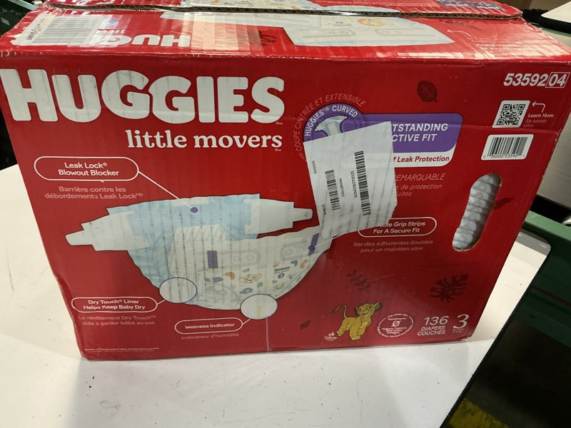 Condition photo showing New/Like New for huggies size 3 diapers, little movers baby diapers, size 3 (16-28 lbs), 136 count, packaging may vary