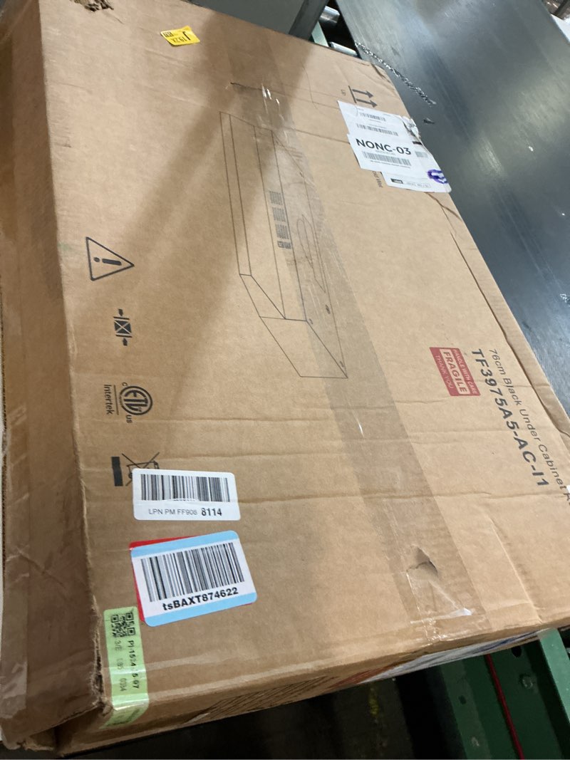 Condition photo showing As Is for Under Cabinet Range Hood 30 inch, Ducted/Ductless Convertible Kitchen Stove Hood, Stainless Steel Vent Hood w/Rocker Button Control, 2 Speeds Exhaust Fan, 280CFM, Black 30 inch Black