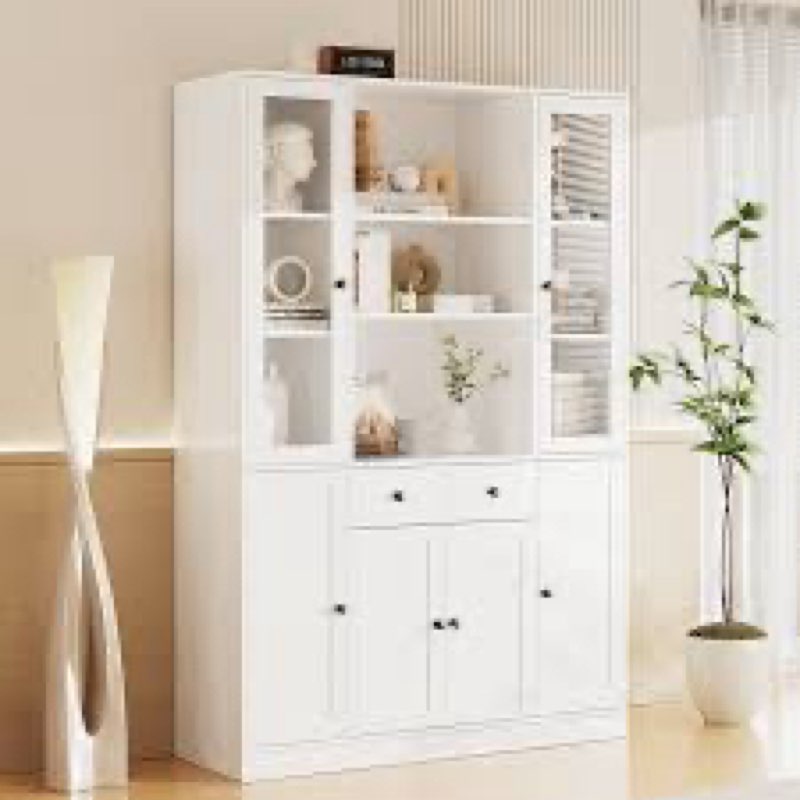 71" H X 47.3" W Kitchen Pantry With Bookcases, Glass Door Kitchen Hutch With Drawer And Spacious Countertops