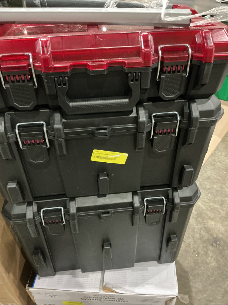 Condition photo showing As Is for hyper tough hyper stack heavy duty 3 piece modular rolling toolbox system, black