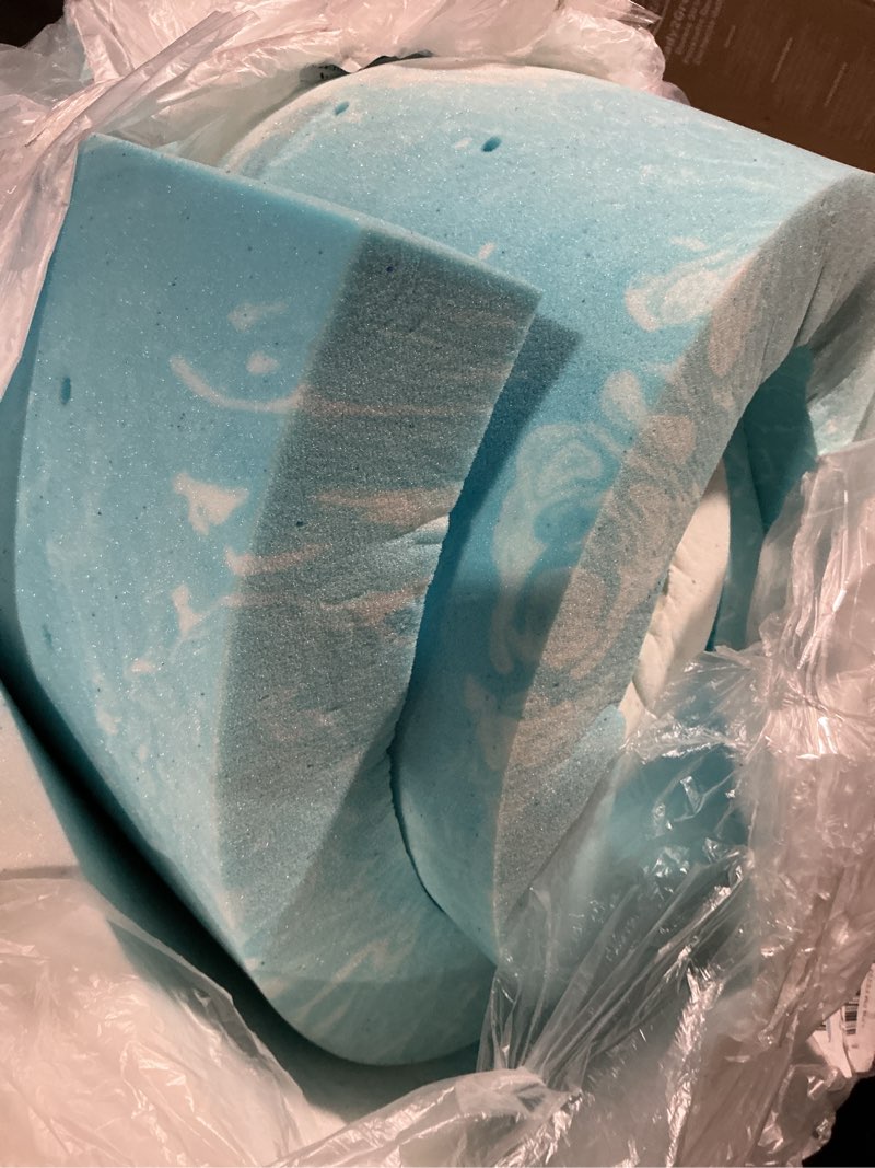 Condition photo showing As Is for novilla full memory foam mattress topper 3 inch, cooling gel infused, ventilated pressure relief pad, medium comfort for sofa, rv, camper, dorm room 3 inch blue full