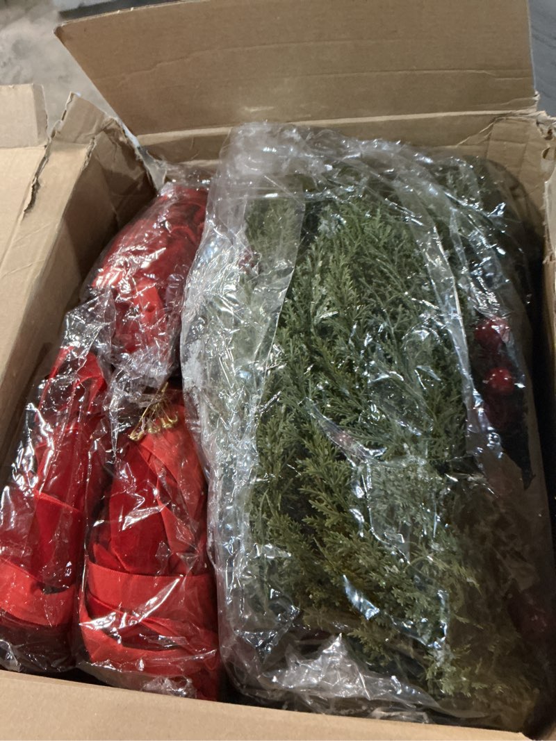 Condition photo showing Good Condition for 18 Pcs Small Christmas Norfolk Wreaths 15 Inch Christmas Kitchen Cabinet Mini Wreath Real Touch with Bow Ribbon Cedar Red Berry for Xmas Front Door Window Chair Fireplace Table Pillar Farmhouse Decor
