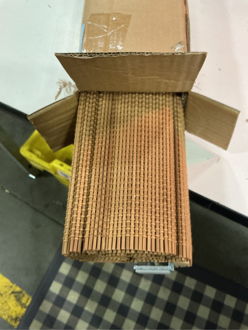 Condition photo showing As Is for unishades no drill cordless bamboo roman shades, 20×64 in, carbonized | natural material, light filtering, easy install ?thin bamboo strips?carbonized 20" w × 64" h