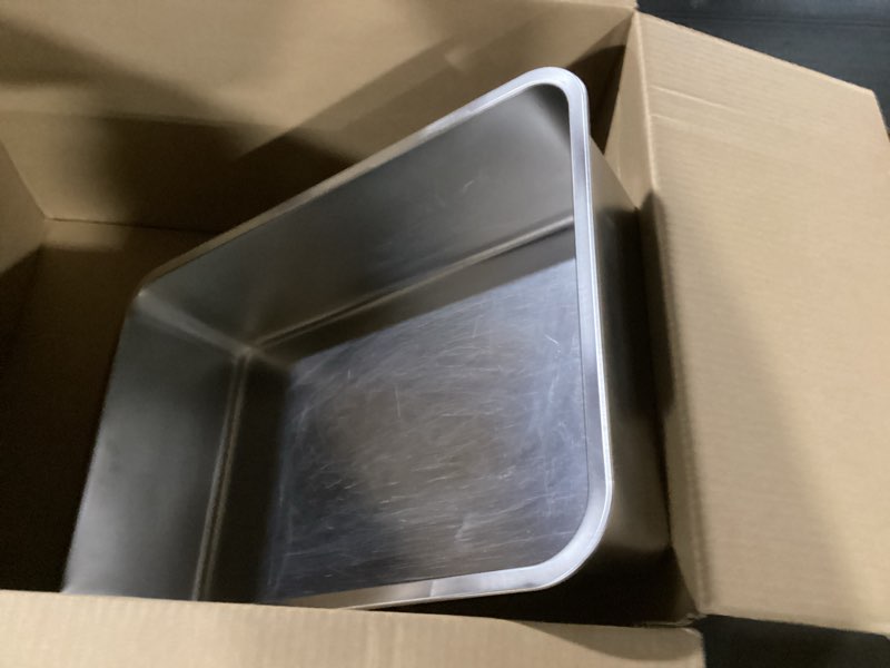 Condition photo showing As Is for kirecoo stainless steel cat litter box xl- metal high sided cat pan, large stainless steel box, indoor litter tray, non stick, no smell, easy to clean, pet toilet supplies for kitten, kitty, rabbit 23.43" l x 15.55" w x 5.7" h