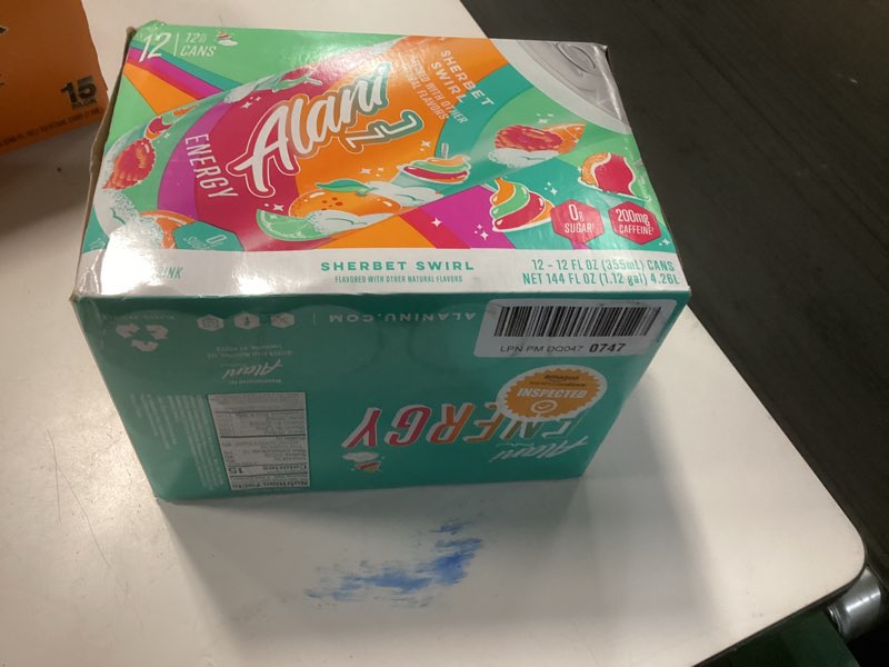 Condition photo showing New/Like New for alani nu sherbet swirl sugar free, low calorie energy drinks, 200mg caffeine, biotin b vitamins, zero sugar, 10 calories, 12 fl oz cans, 12 pack