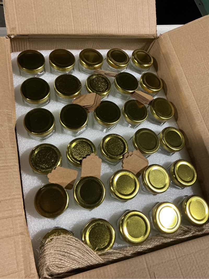Condition photo showing Good Condition for encheng 60 pack small glass honey jar with lid, 1.5 oz mini mason jars for party favor, wedding favor, baby shower, hexagonal honey containers for jam, spices, herbs, candy, sample, candle, crafts golden lid