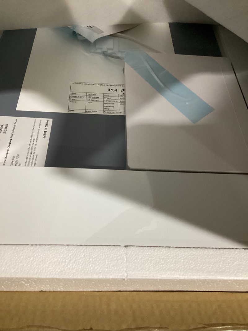 Condition photo showing As Is for okpal 24x32 led bathroom mirror, anti-fog lighted bathroom mirror, dimmable lighted vanity mirror, led vanity mirror with lights, shatterproof, etl listed, horizontal/vertical no frame 24"l x 32"w