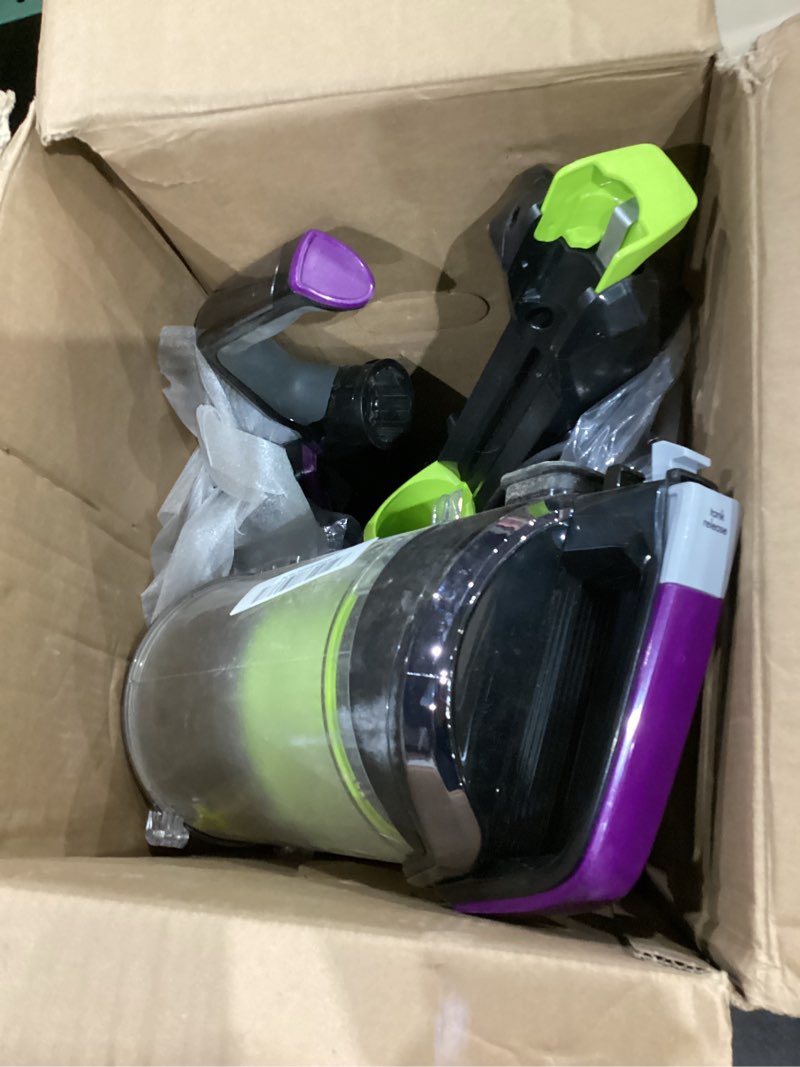 Condition photo showing As Is for bissell 24613 pet hair eraser turbo plus lightweight vacuum, tangle-free brush roll, powerful pet hair pick-up, smartseal allergen system, specialized pet tools, easy empty dirt tank grapevine purple with electric green accents