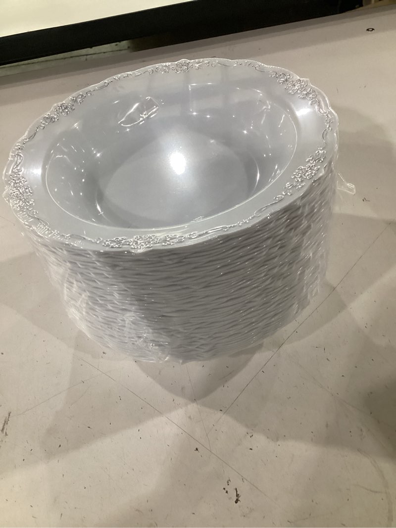 Condition photo showing Good Condition for bestluck 50 pack white plastic bowls with silver rim, 12oz plastic salad bowl, disposable bowls for party, dinners, weddings, christmas, thanksgiving 50 silver rim