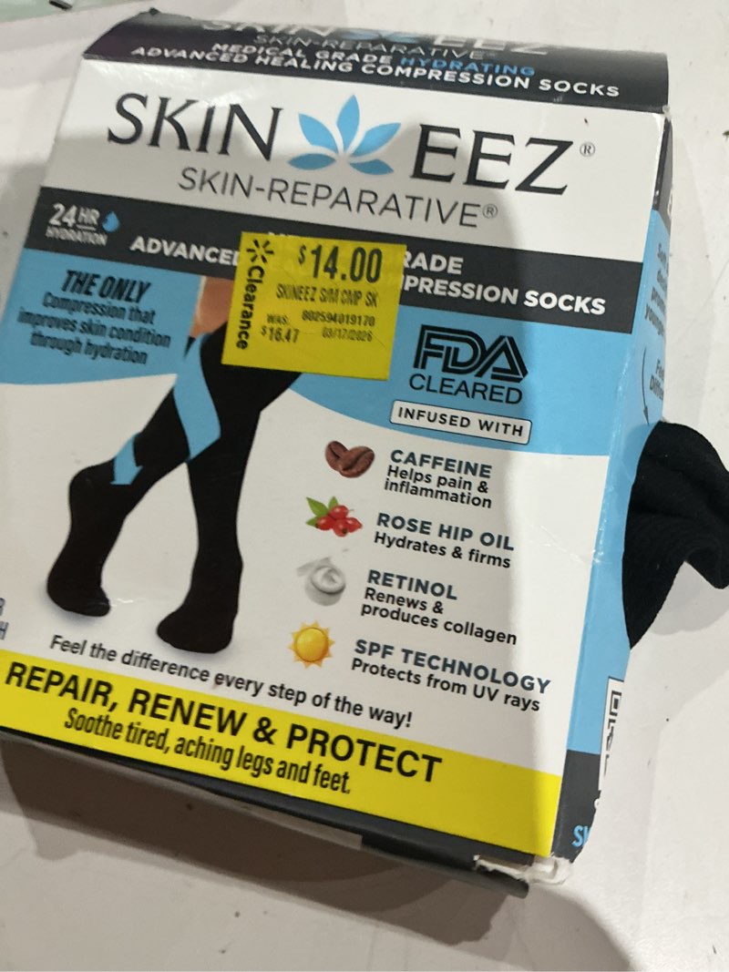 Condition photo showing As Is for skineez black small/medium skin-reparative hydrating compression socks for women and men 10-20 mmhg