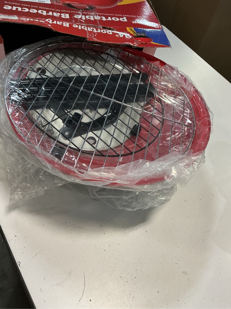 Condition photo showing New/Like New for 14" portable charcoal round grill,red small grills with locking lid and dual vents, chrome plated travel bbq for backyard, bonfire,outdoor cooking,camping,travel,beach